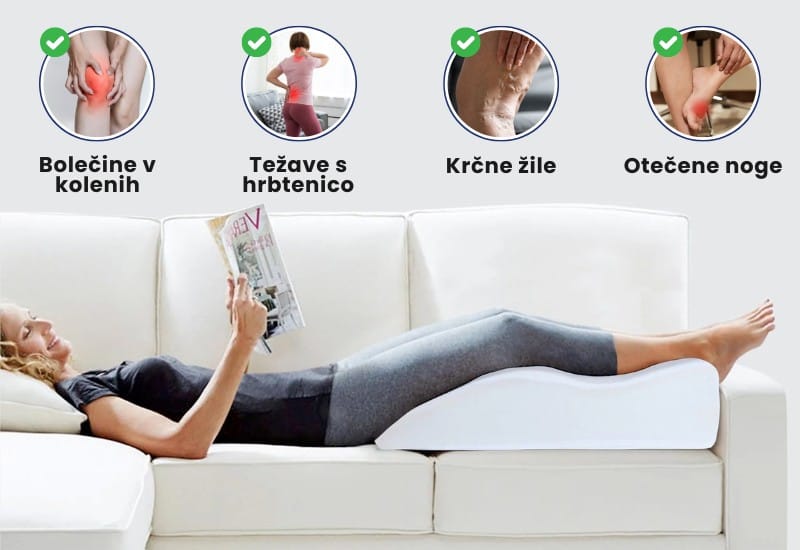 Medical orthopedic leg pillow with legs elevated on a bed