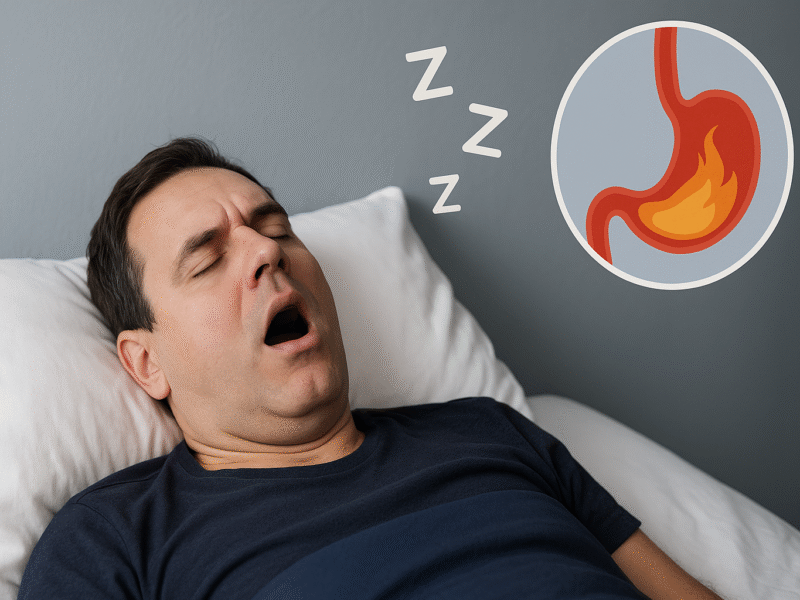 Man lying on his back and snoring loudly, which may be associated with nighttime acid reflux (GERD)