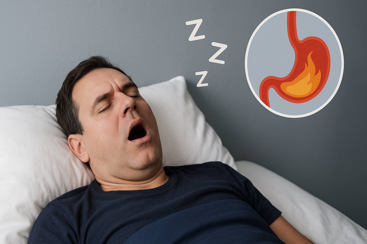 Man lying on his back and snoring loudly, which may be associated with nighttime acid reflux (GERD)