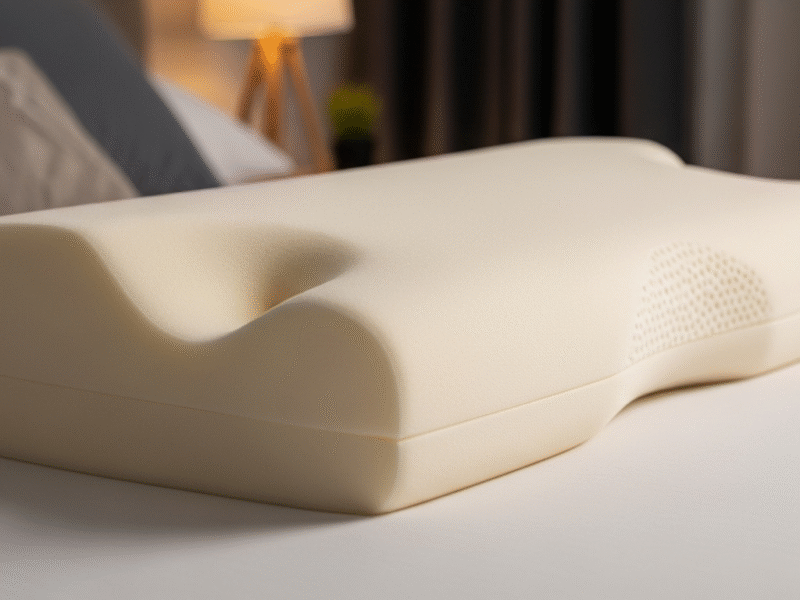Contoured memory-foam pillow with a curved shape for neck support on a bed.