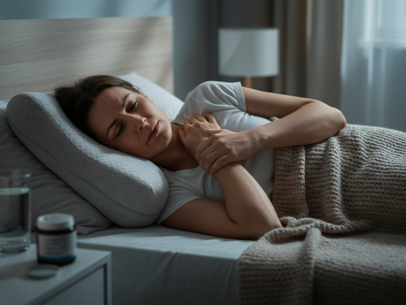 Woman lying in bed at night and holding her sore shoulder after waking with pain.