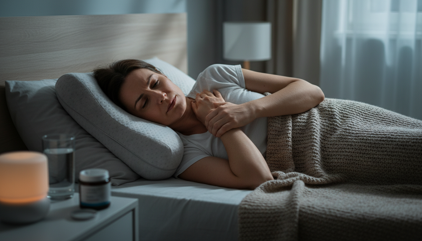 Woman lying in bed at night and holding her sore shoulder after waking with pain.