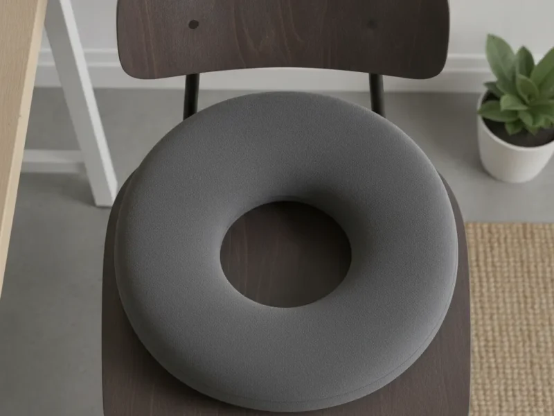 Orthopedic seat cushion with a central cutout to relieve pressure on the affected area while sitting.