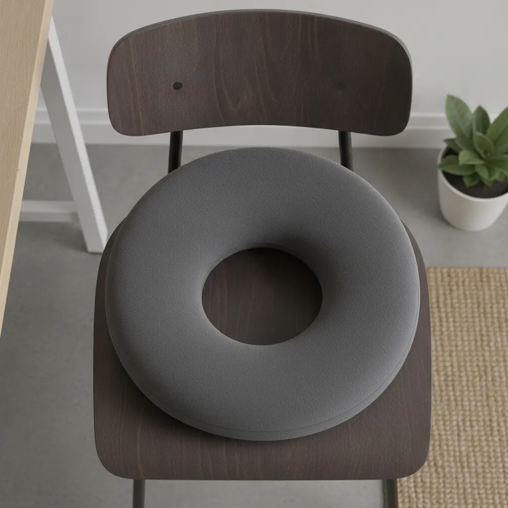 Orthopedic seat cushion with a central cutout to relieve pressure on the affected area while sitting.