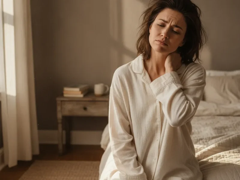 Woman sitting on the edge of a bed in the morning and holding her sore neck after a poor night's sleep