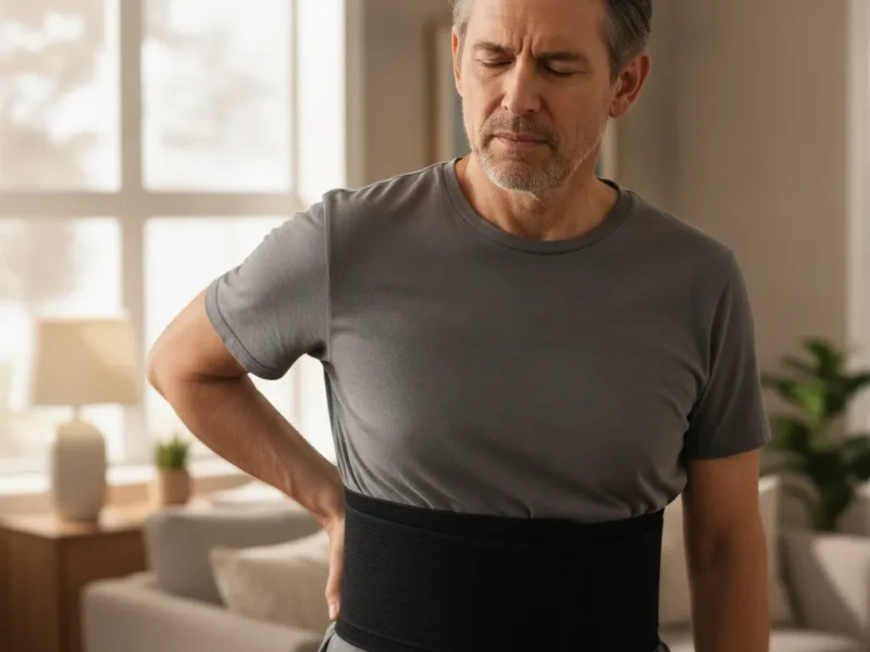 Man standing at home and holding his lower back while wearing an elastic lumbar support belt.