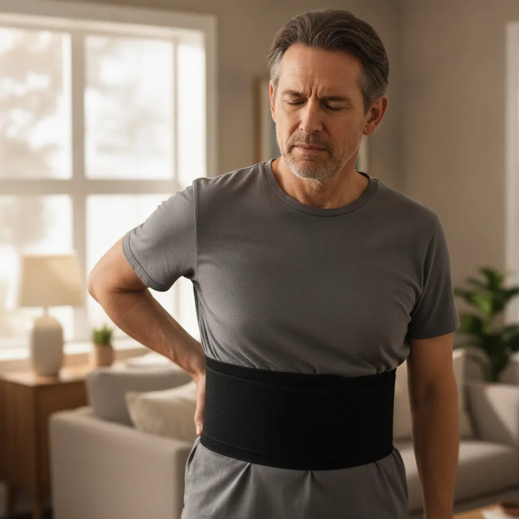 Man standing at home and holding his lower back while wearing an elastic lumbar support belt.