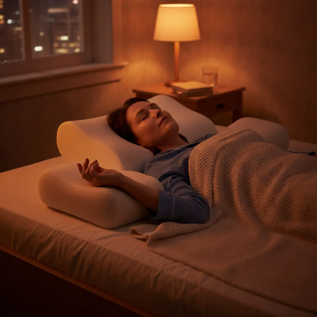 A person sleeps on their back with the painful arm supported on a pillow beside the body