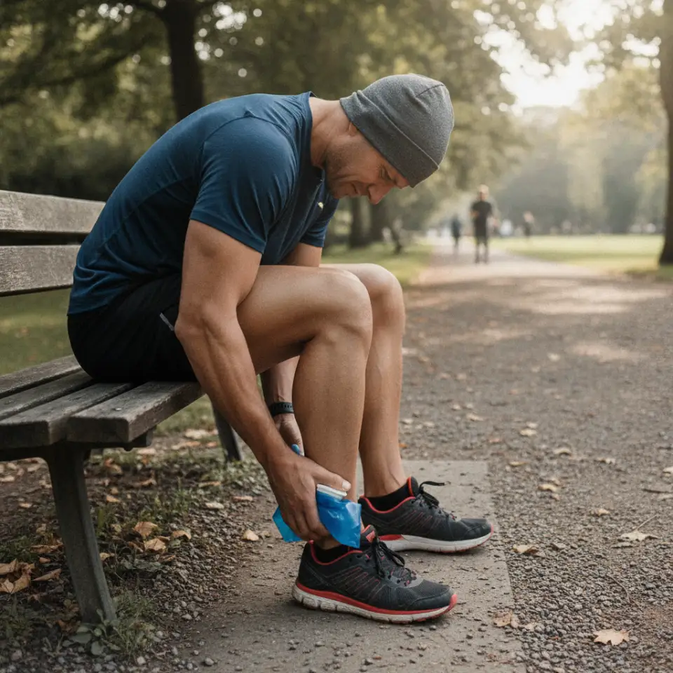 A runner sits on a park bench and applies ice to a painful area of the heel