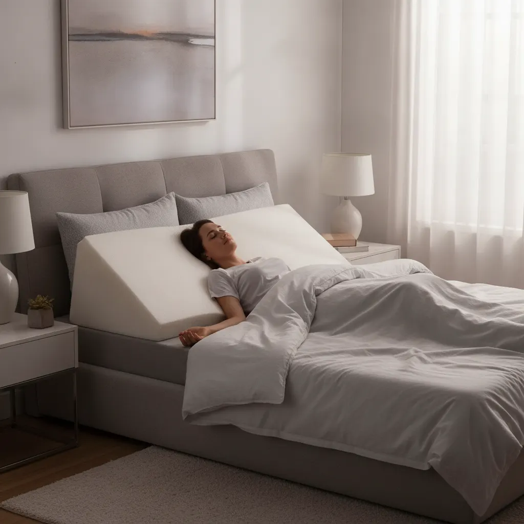 A person sleeps on their back on a wedge pillow that elevates the entire upper body from the waist while keeping the spine straight.
