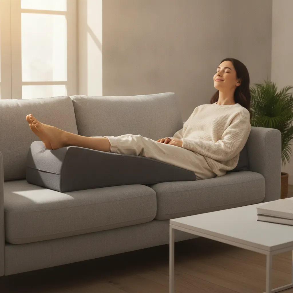 A woman sits on a sofa during the day with her legs elevated and supported along their full length on a gray leg-elevation wedge.