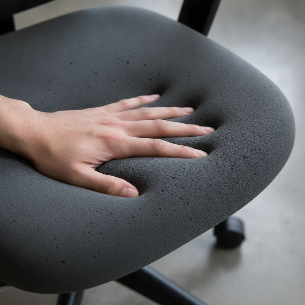 A hand presses into the memory foam of a seat cushion on an office chair, leaving a fingerprint that slowly disappears.