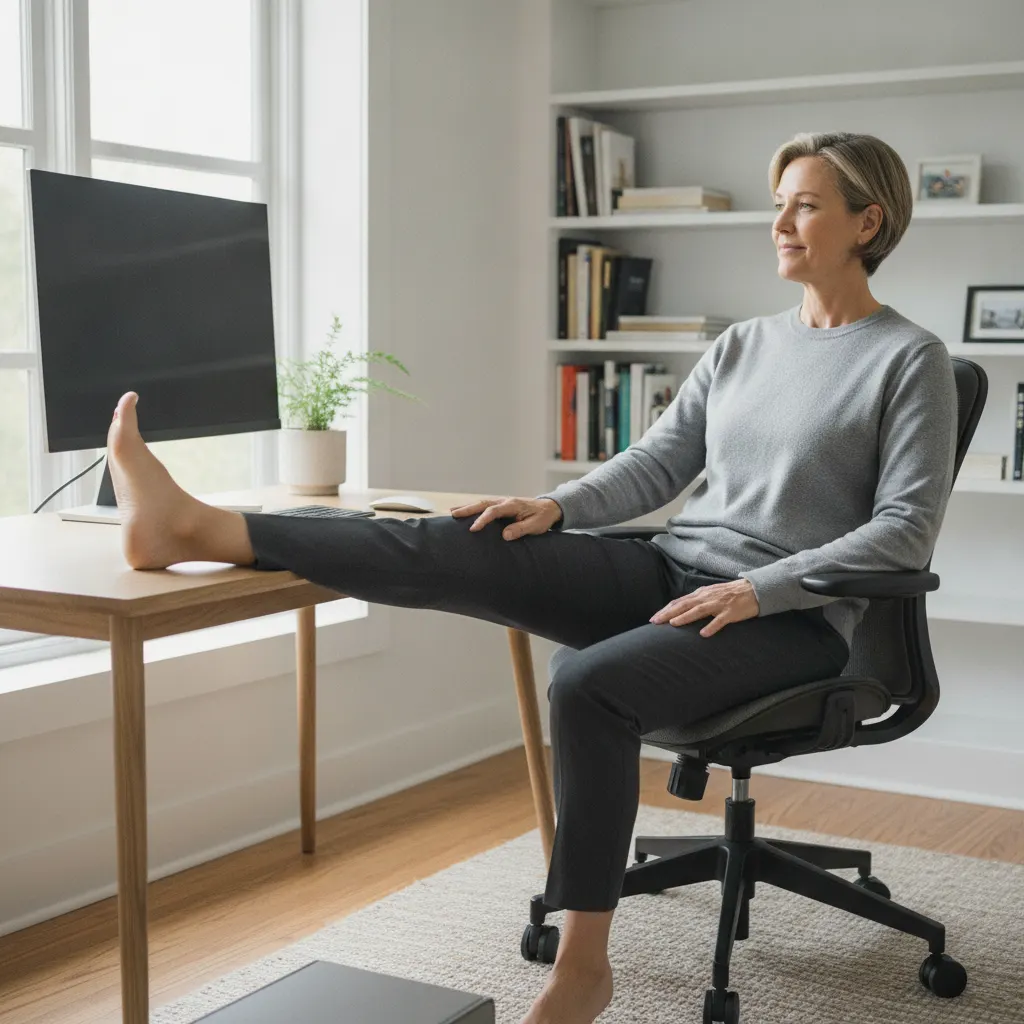 Woman seated at an office desk extending one leg and doing an ankle exercise to encourage blood flow.