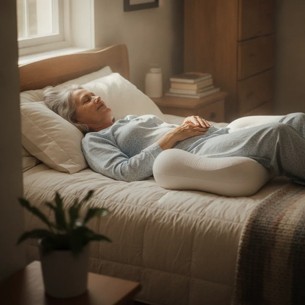 An older adult lies on their back in bed with a pillow between the knees after hip surgery