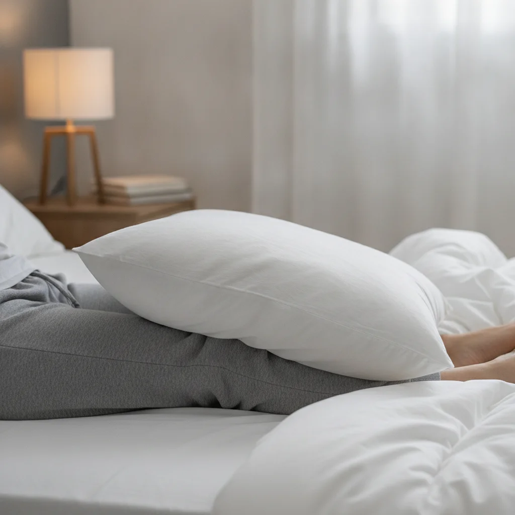 A pillow between the slightly bent knees of a side sleeper supports the upper leg and may reduce pelvic rotation.