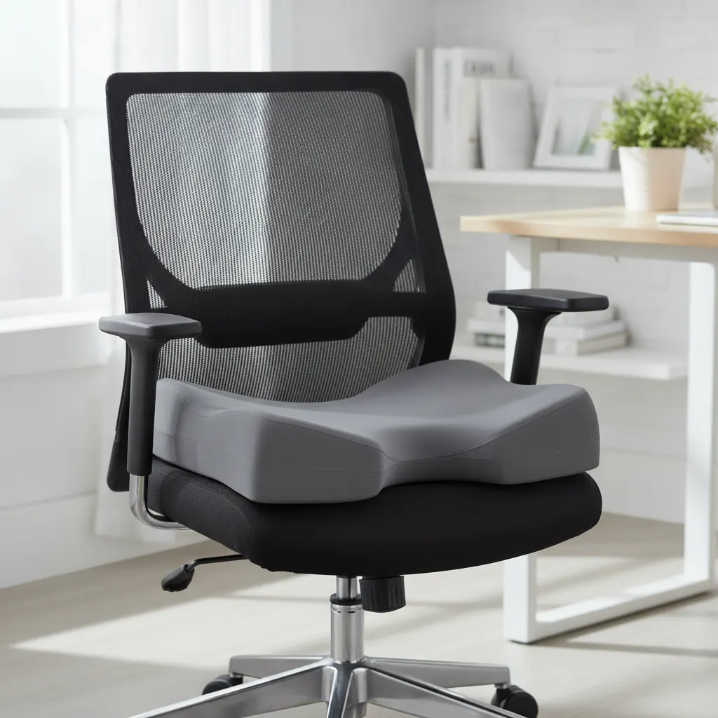 A memory foam seat cushion with a rear cutout is designed to reduce direct pressure on the tailbone while sitting.