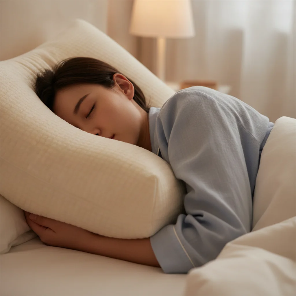 A side sleeper has their head supported by a pillow that fills the space between the shoulder and the head and keeps the neck in a neutral position.