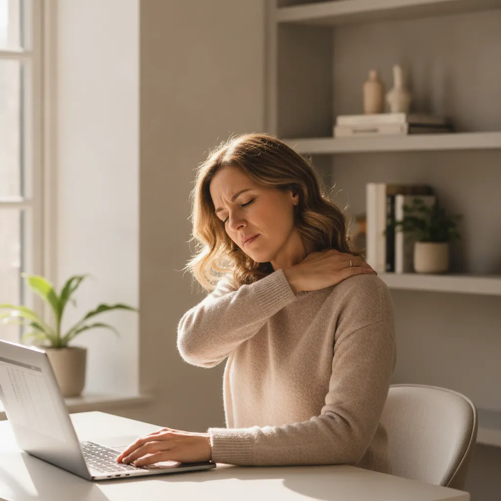 A woman working at a laptop reaches over her shoulder with one hand and massages a tense muscle between her shoulder blades