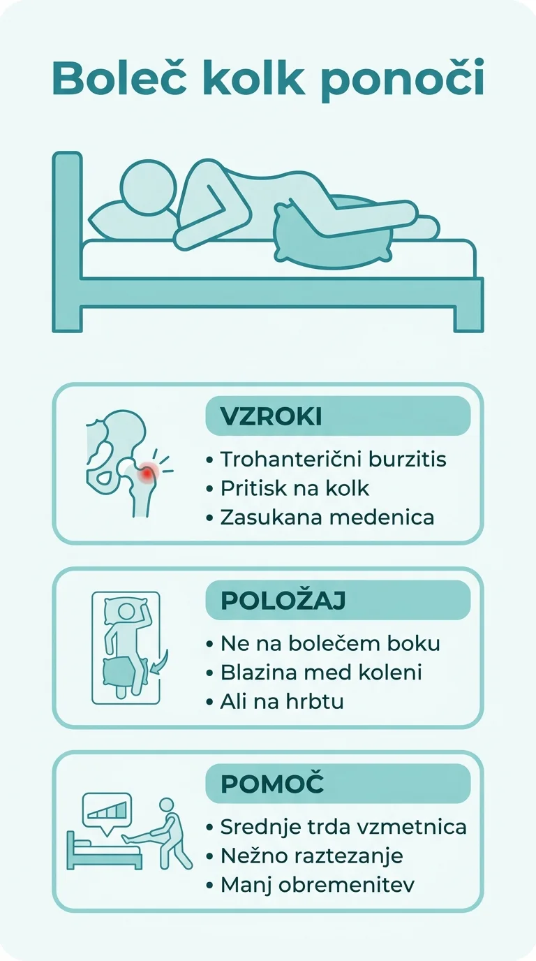 Infographic showing nighttime hip-pain causes, a side-sleeping position with a pillow between the knees, and comfort measures.