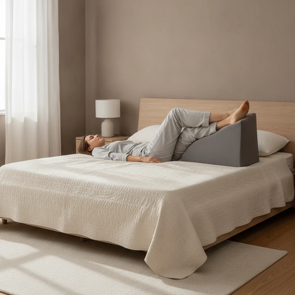 A person lies on their back with the lower legs supported on a wedge pillow.