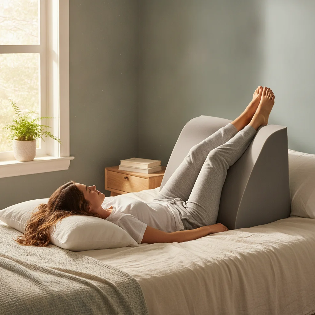 Woman resting on her back with her legs elevated above heart level on a wedge pillow.