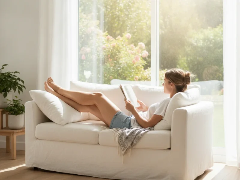 Woman relaxing with her legs elevated on a pillow on a bright summer day.
