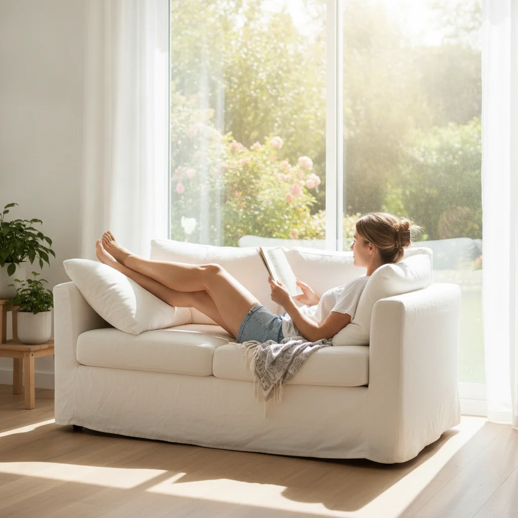 Woman relaxing with her legs elevated on a pillow on a bright summer day.
