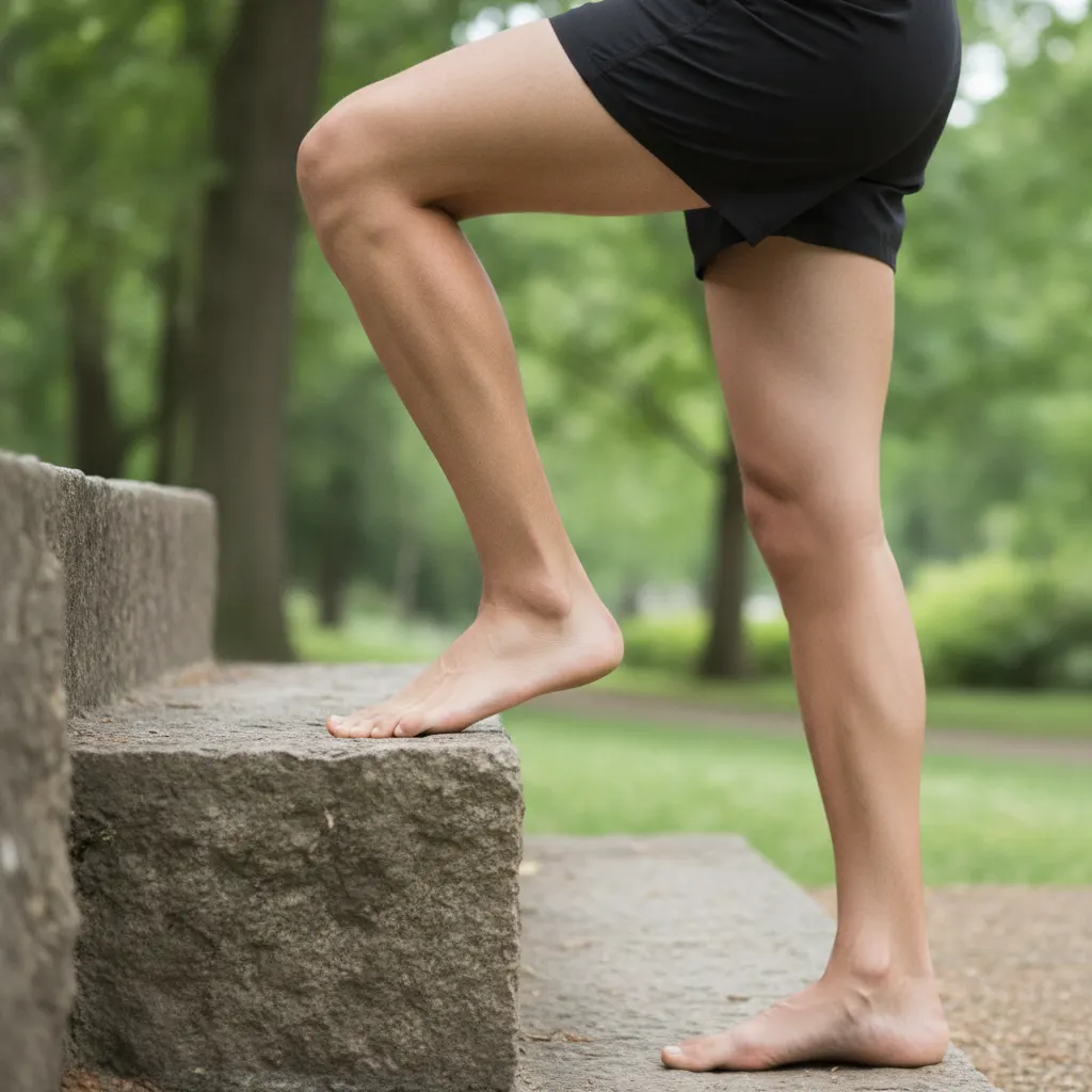 An eccentric heel lowering at the edge of a step, one loading exercise sometimes used for midportion Achilles tendinopathy.