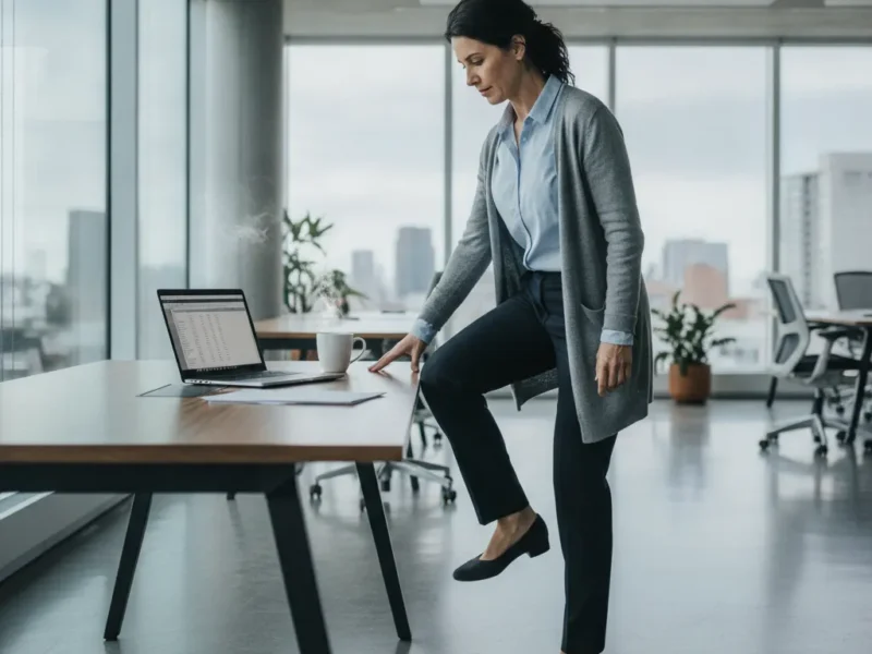 A movement break at an office desk every 30 to 45 minutes interrupts prolonged sitting and maintains mobility through the workday.