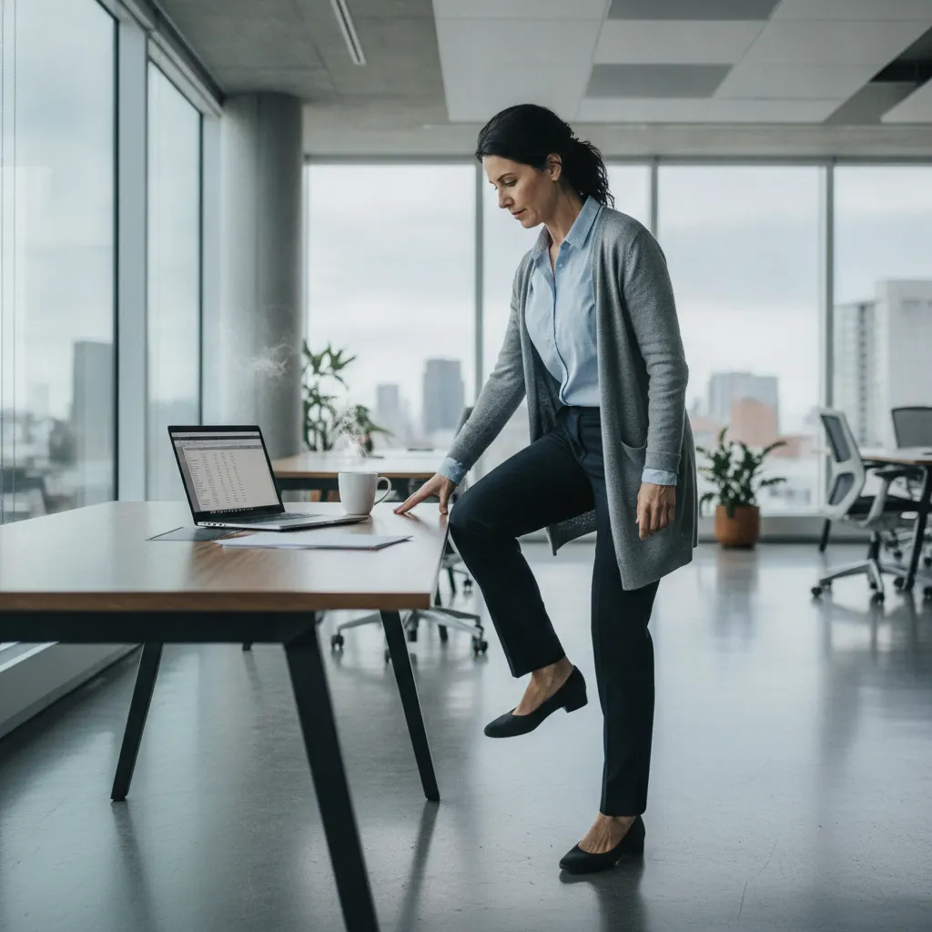 Taking a movement break at your desk every 30 to 45 minutes interrupts prolonged sitting and helps maintain mobility throughout the workday.