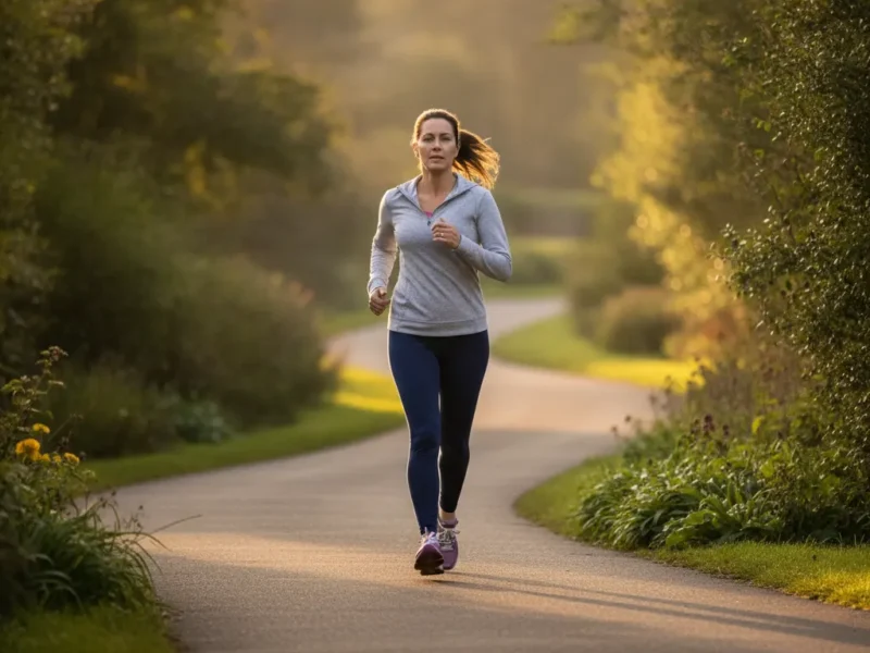 Woman walking briskly along a paved park path in the early morning sun