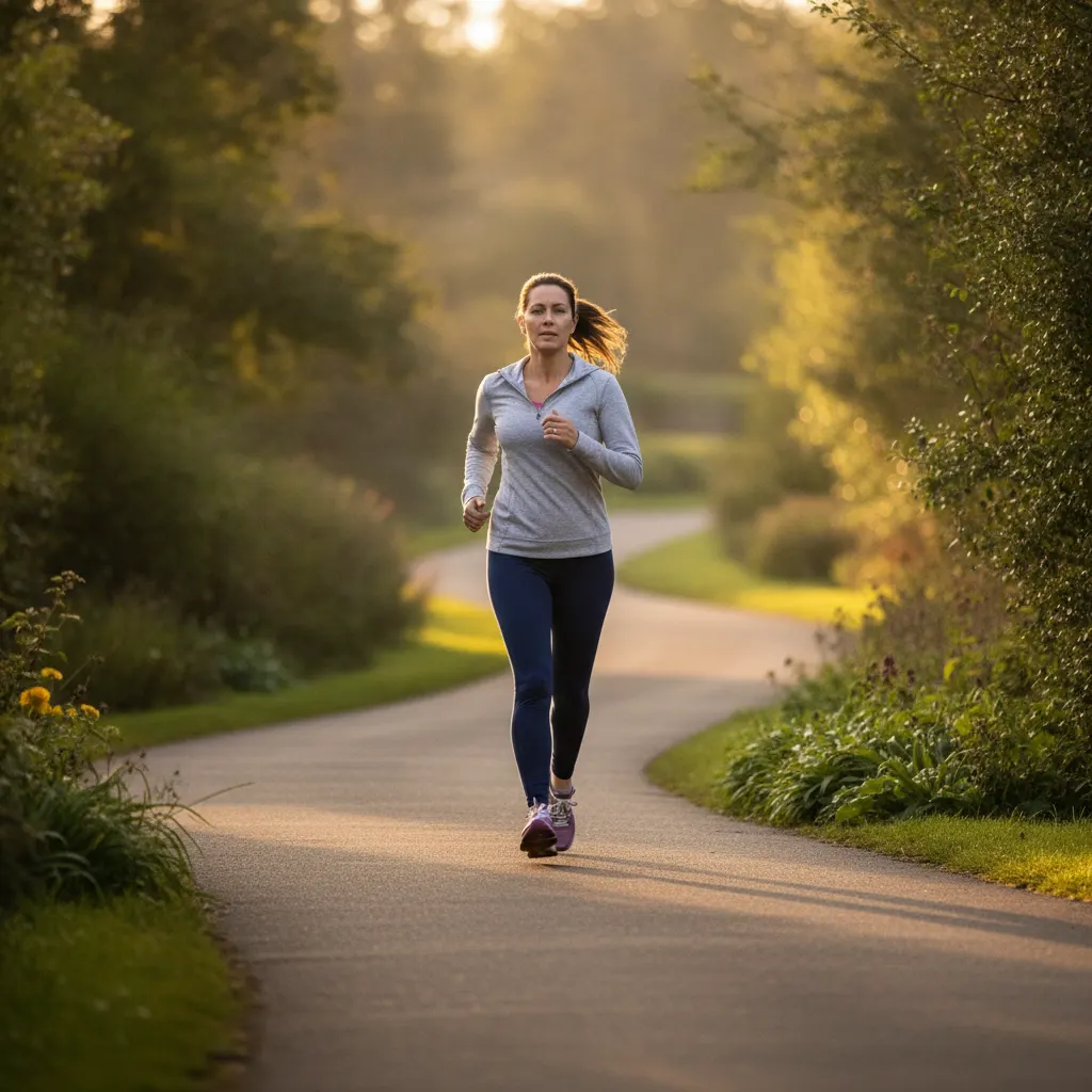 A woman walks briskly along a paved park path in the early morning sun