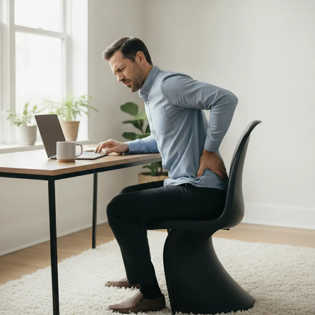 A man rises from a desk chair while holding his lower back, where prolonged sitting may aggravate sciatica symptoms.