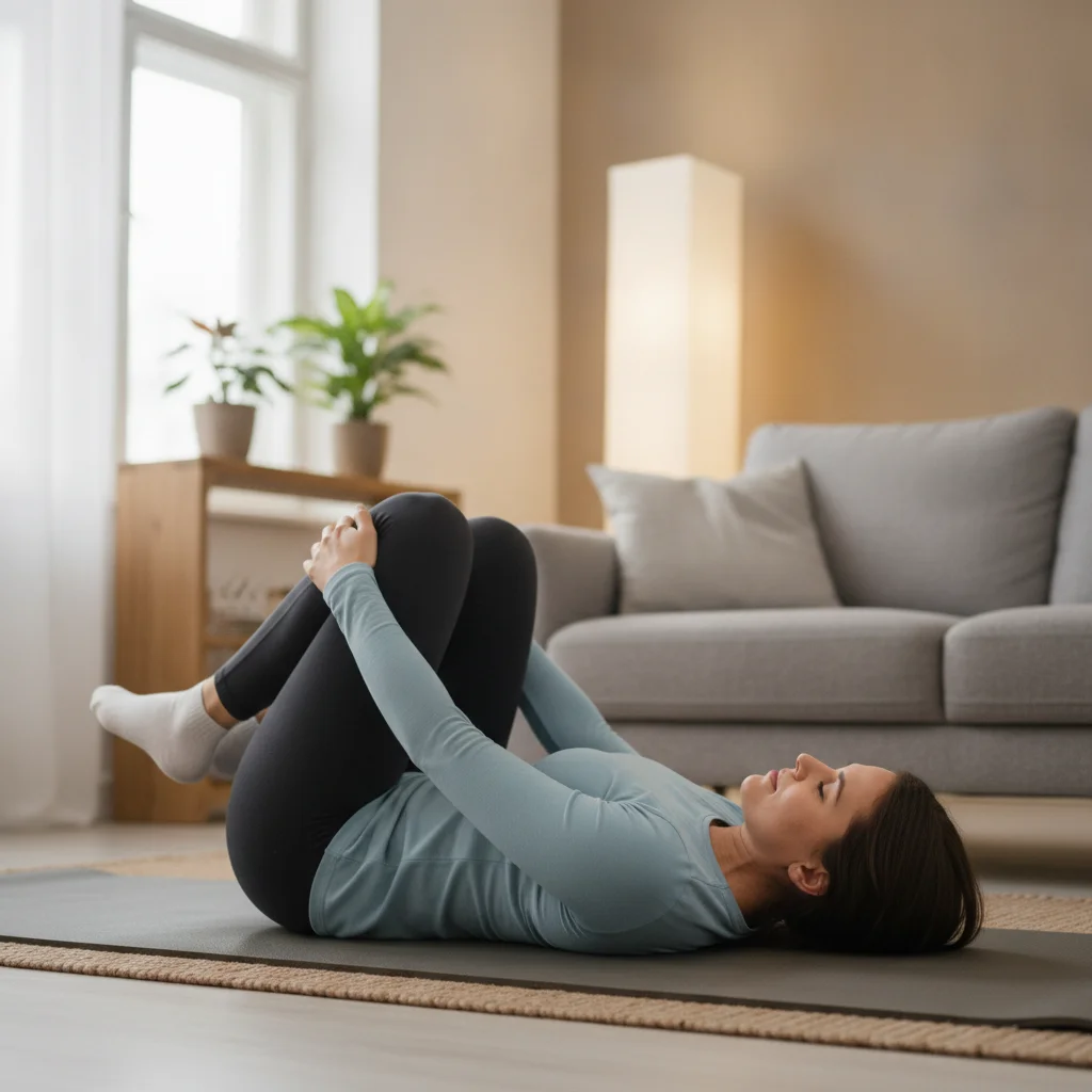A woman performs a gentle knee-to-chest movement on an exercise mat