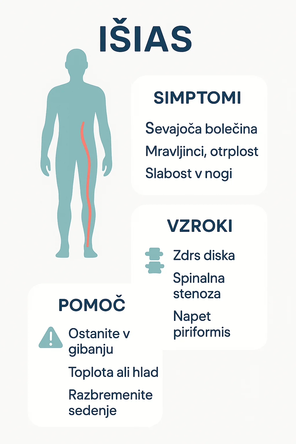 Infographic with symptoms, causes, and initial measures for sciatica.