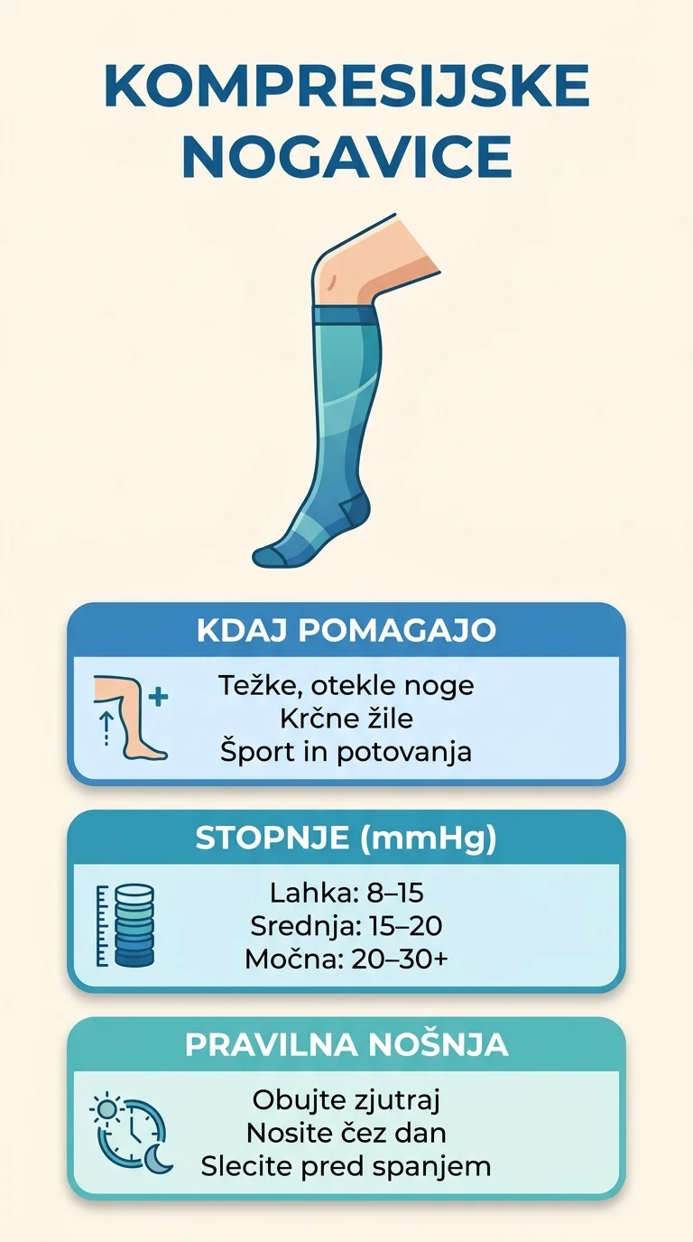 Infographic about compression socks: when they help, which compression levels in mmHg exist, and how to wear them correctly.