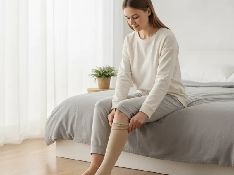 Woman putting on a knee-high compression sock for heavy, swollen legs.