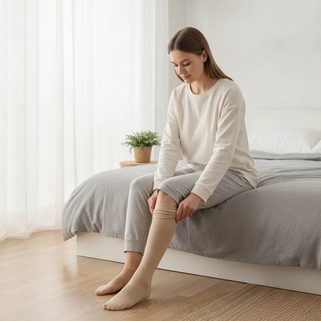 Woman putting on a knee-high compression sock for heavy, swollen legs.