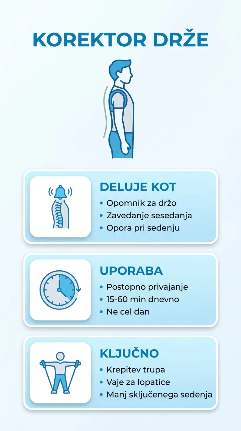 Infographic about posture corrector: how it works as a reminder, how to use it gradually, and which exercises strengthen posture.