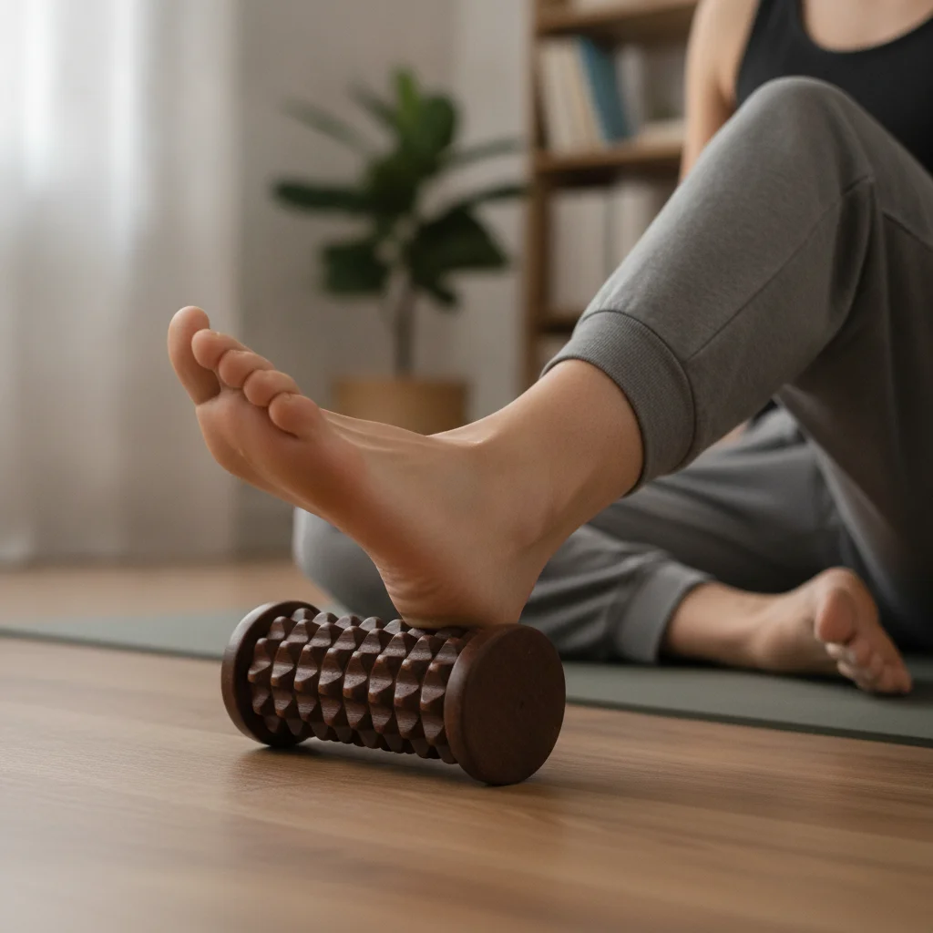 A bare foot rolls over a textured massage roller on the floor to relax a tense arch.