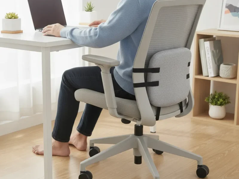 Person sitting in an office chair with a lumbar-support cushion attached to the backrest