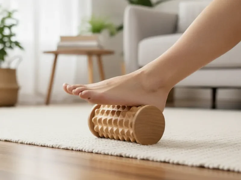Bare foot rolling over a wooden foot-massage roller at home.