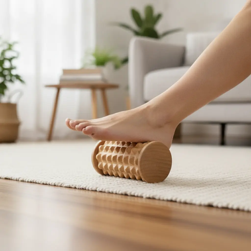 Bare foot rolling over a wooden foot-massage roller at home.