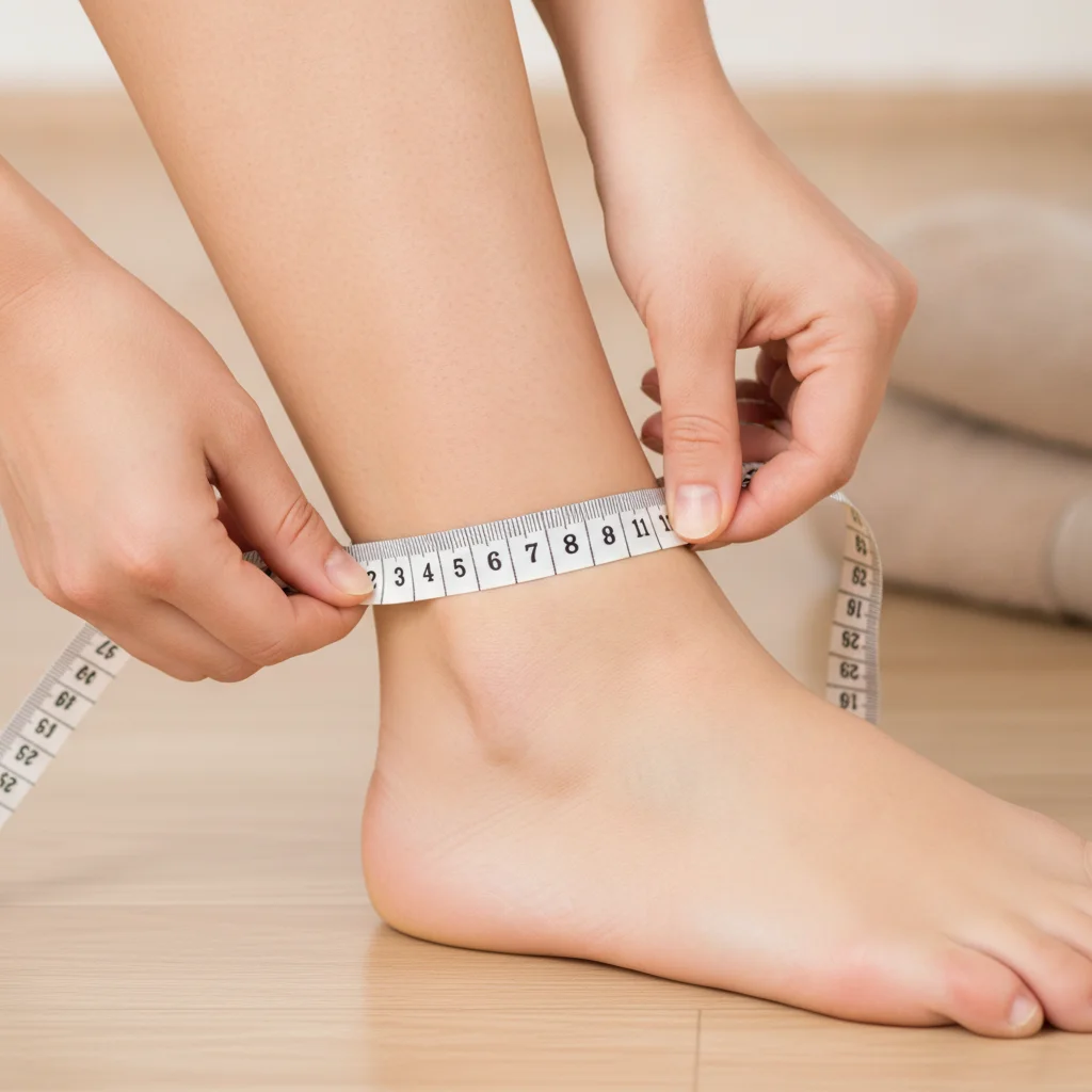 Measuring the ankle circumference with a tape measure when choosing the right size of compression socks.