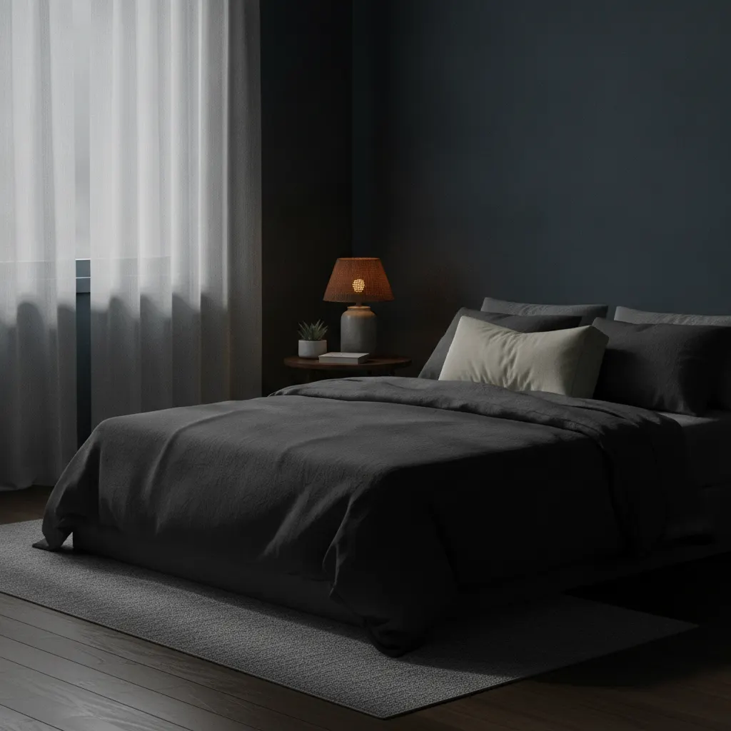Quiet, darkened bedroom at a comfortably cool temperature for better sleep.