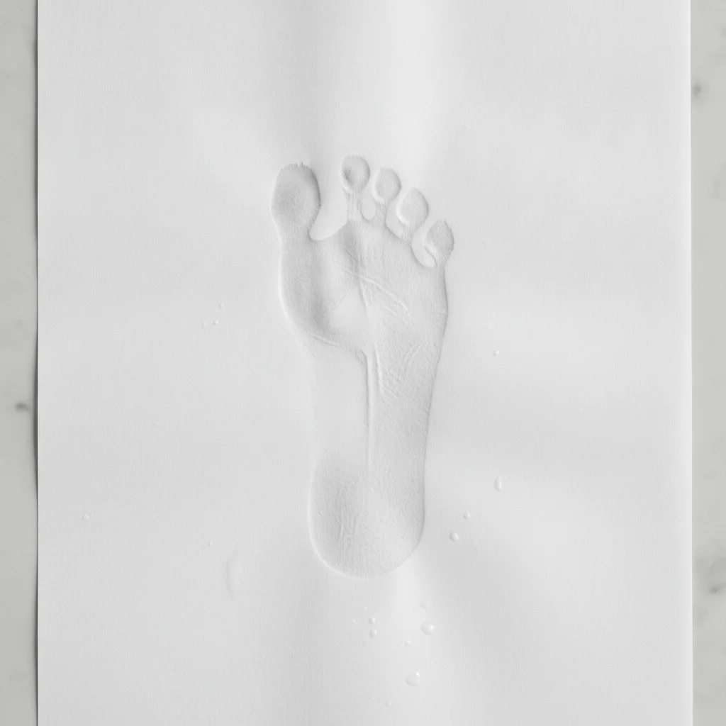 A wet barefoot imprint on paper shows most of the sole, a pattern that may suggest a low arch or flat foot.