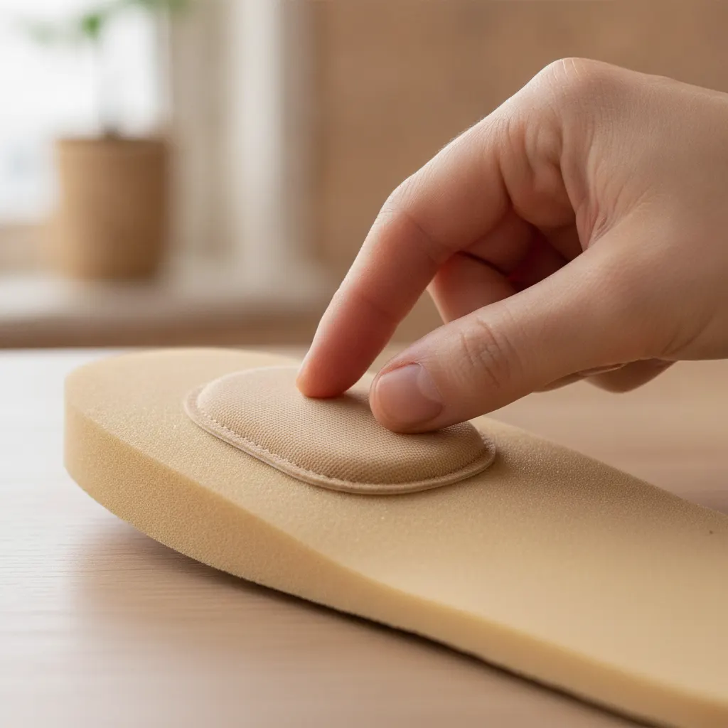 A hand positions a metatarsal pad on an insole just behind the metatarsal heads