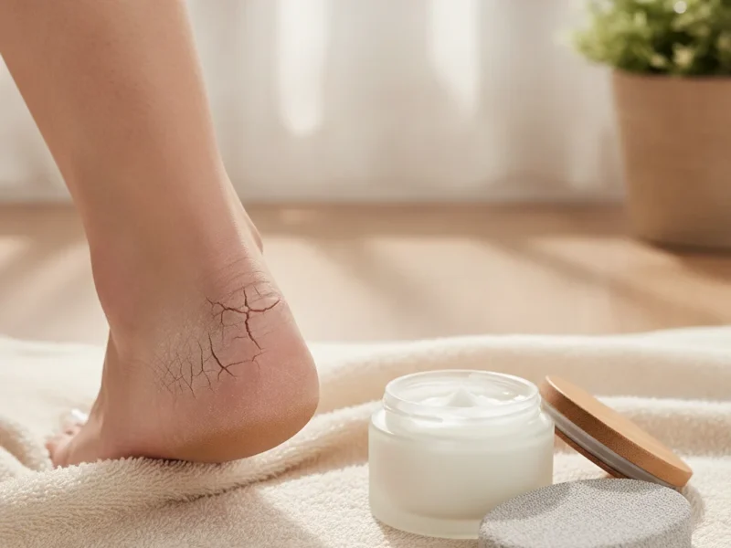 Dry, cracked heel beside a tub of moisturizing foot cream and a pumice stone for home care.