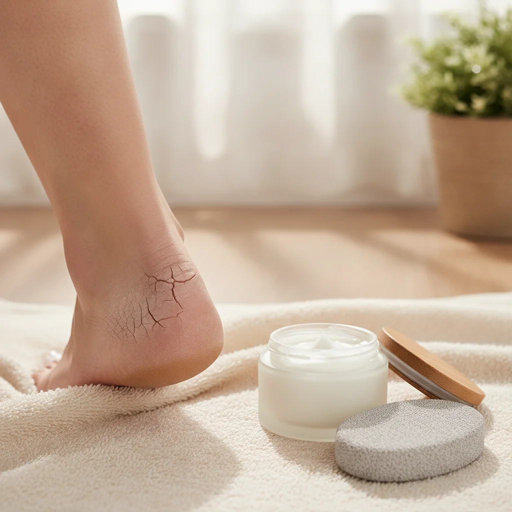 Dry, cracked heel beside a tub of moisturizing foot cream and a pumice stone for home care.