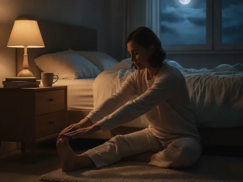 Person sitting on the edge of a bed before sleep and gently stretching a calf muscle.